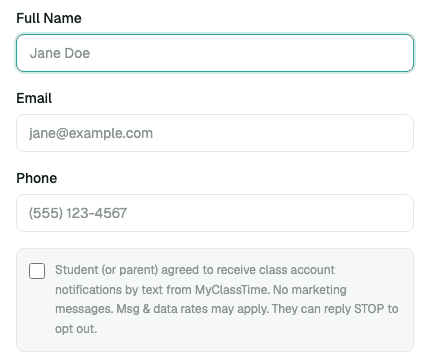 MyClassTime coach dashboard Add Student form showing the unchecked consent checkbox for class text notifications, above the photo upload field.